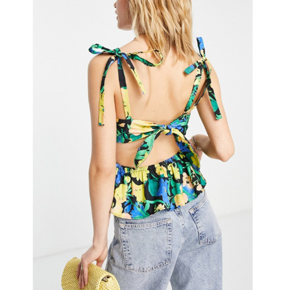 New TOPSHOP NORDSTROM Multicolor Floral Cutout Peplum Camisole 100% Cotton Sz 12 - Picture 4 of 8